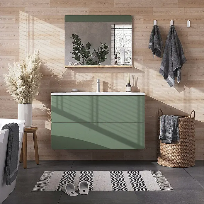 Vicco Badmöbel-Set Izan, Grün/Goldkraft Eiche 100 cm -  - Grüner Badezimmerschrank mit weißer Arbeitsplatte und Waschbecken, in einem modernen Badezimmer mit passendem Spiegel.