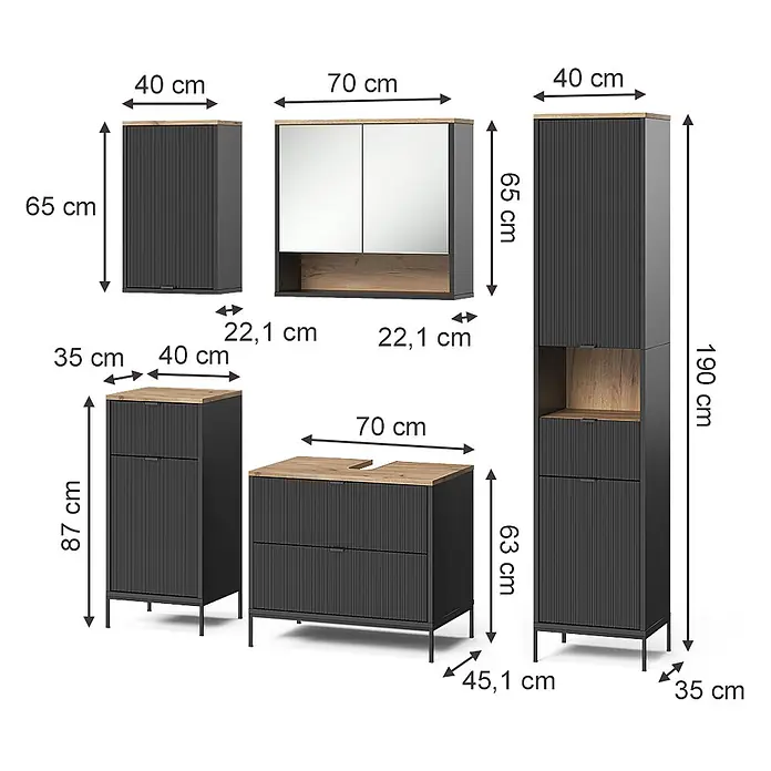 Badmöbel-Set Eliza 70 cm Schwarz Art.-Nr. 71942 -  - Badezimmermöbel-Set in Schwarz mit gerippten Fronten und Holzplatten, bestehend aus Waschtischunterschrank, Spiegelschrank, Hänge- und Hochschrank mit Maßen.