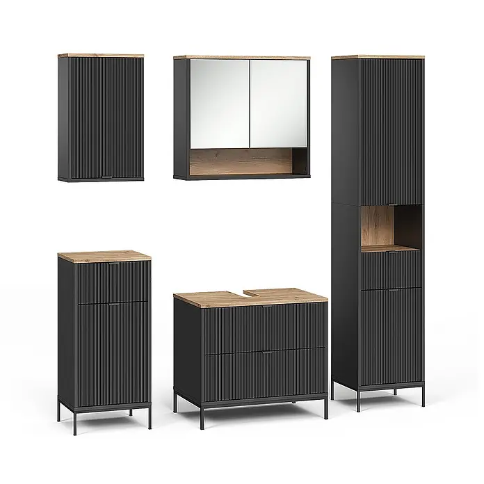 Vicco Badmöbel-Set Eliza, Schwarz/Viking Oak 70 cm -  - Set dunkelgrauer gerippter Badmöbel mit hellen Holzplatten und schwarzen Metallbeinen.