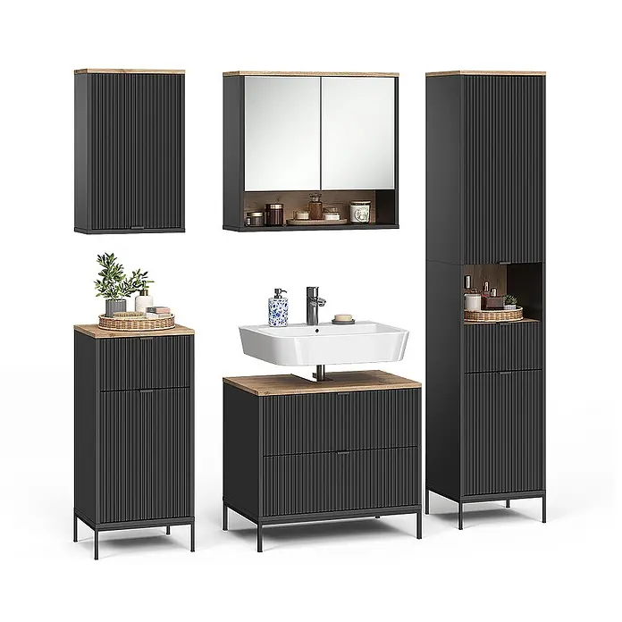 Badmöbel-Set Eliza 70 cm Schwarz Art.-Nr. 71942 -  - Schwarzes Badezimmerschrank-Set mit geriffelten Fronten und Holzplatten, inklusive Waschtischunterschrank und Hochschränken.