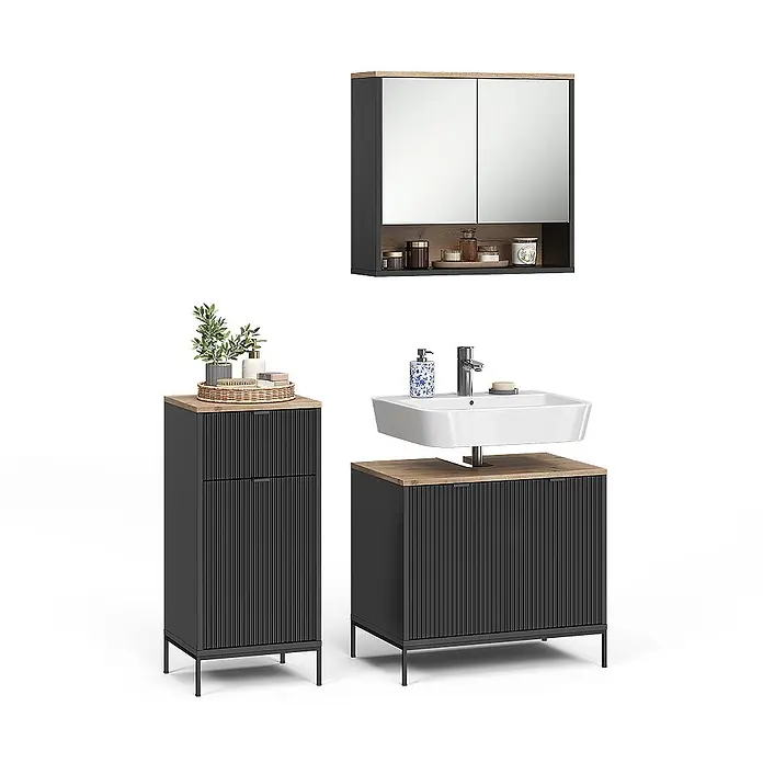 Badmöbel-Set Eliza 70 cm Schwarz Art.-Nr. 71944 -  - Badezimmermöbelset: dunkelgraue geriffelte Schränke mit Holzplatten, Spiegelschrank, Waschbeckenschrank und Hochschrank.