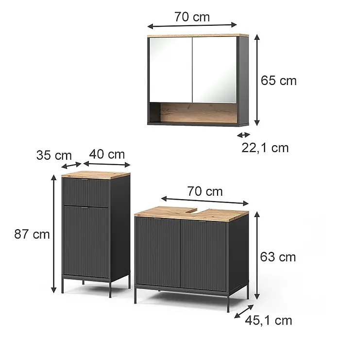 Badmöbel-Set Eliza 70 cm Schwarz Art.-Nr. 71944 -  - Dunkelgraue gerippte Badmöbelgarnitur mit Holzoptik-Platten, bestehend aus Spiegelschrank, Hochschrank und Waschtischunterschrank.