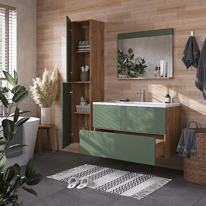 Vicco Badmöbel-Set Izan, Grün/Goldkraft Eiche 100 cm -  - Grüne und holzfarbene Badmöbelkombination mit Waschbecken und Hochschrank in einem modernen Bad.
