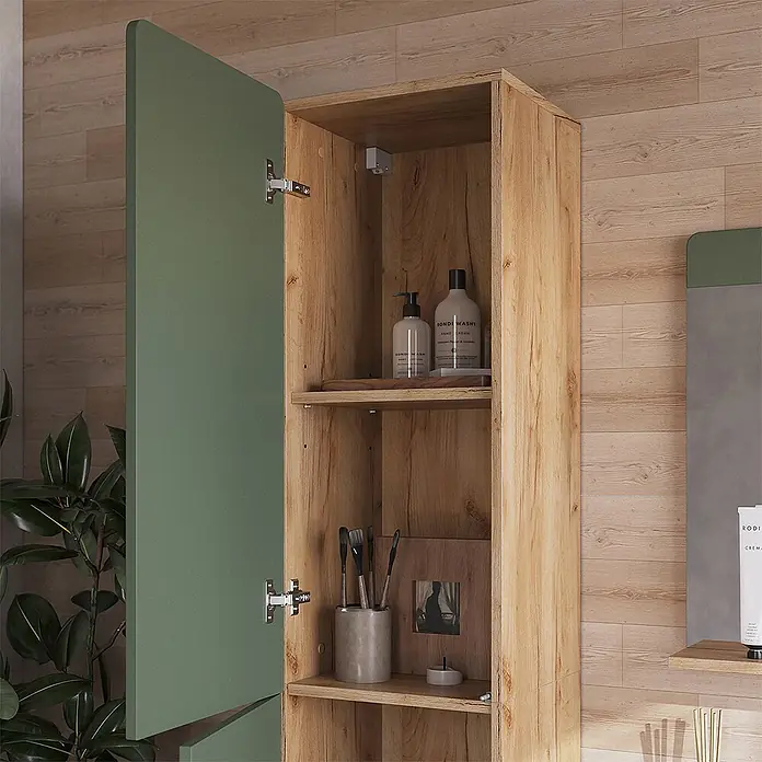 Badmöbel-Set Izan 100 cm Grün Art.-Nr. 71716 -  - Offener Wandschrank aus Holz mit grüner Tür, mit Innenregalen für Badutensilien.