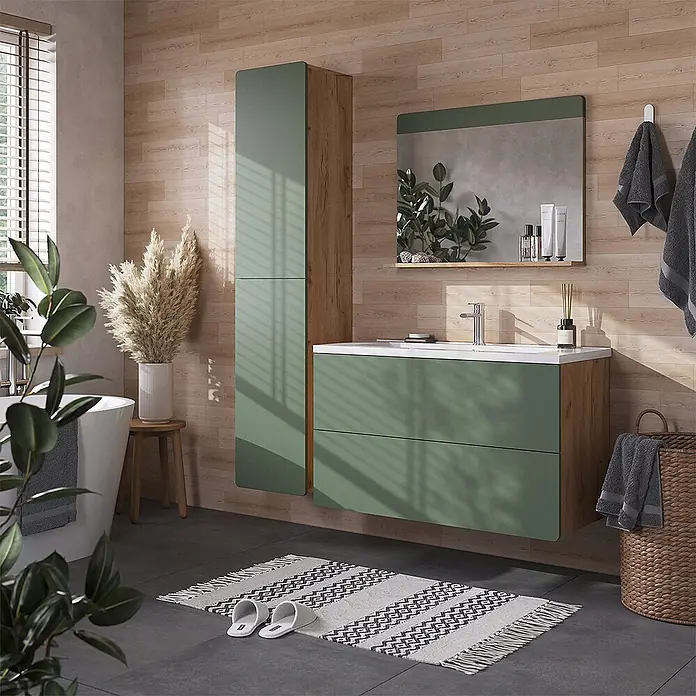 Vicco Badmöbel-Set Izan, Grün/Goldkraft Eiche 100 cm -  - Grüne und holzfarbene Badmöbel mit Waschtisch und hohem Hochschrank.