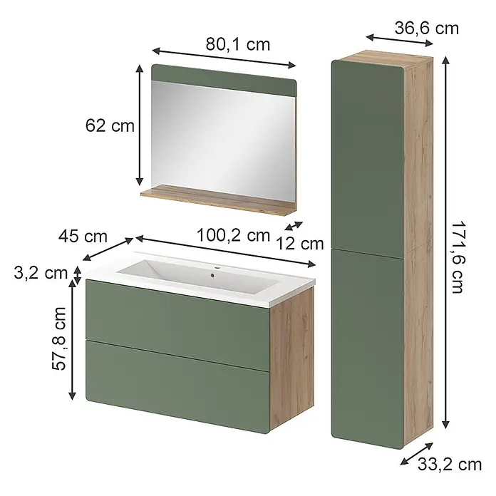 Vicco Badmöbel-Set Izan, Grün/Goldkraft Eiche 100 cm -  - Grünes und holzfarbenes Badmöbelset mit Waschtischunterschrank, Spiegel und Hochschrank.