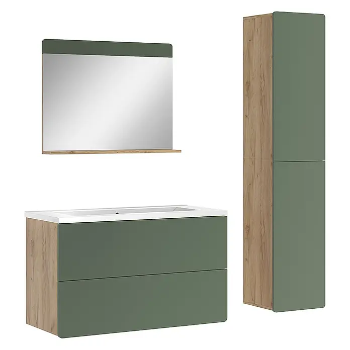 Vicco Badmöbel-Set Izan, Grün/Goldkraft Eiche 100 cm -  - Modernes Badmöbel-Set mit grünen Schubladen, Holzdekorrahmen, weißem Waschbecken, passendem Spiegel und hohem Schrank.