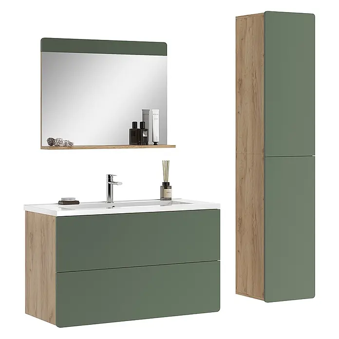 Vicco Badmöbel-Set Izan, Grün/Goldkraft Eiche 100 cm -  - Grünes und holzfarbenes Badmöbel-Set mit Waschtisch, Spiegelsims und hohem Hochschrank.