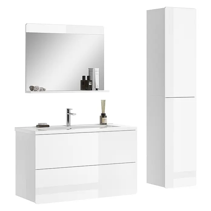 Vicco Badmöbel-Set Izan, Weiß Hochglanz/Weiß 100 cm -  - Weißes Hochglanz Badmöbel-Set: Waschtisch mit integriertem Waschbecken, Spiegel mit Ablage & Hochschrank.