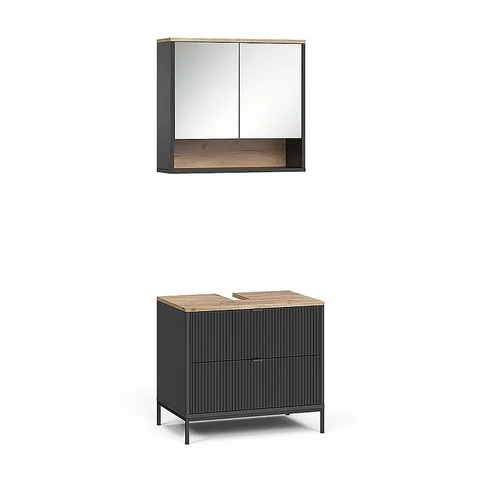 Badmöbel-Set Eliza 70 cm Schwarz Art.-Nr. 71938 -  - Anthrazit Badezimmerset mit Holzoptik-Oberflächen: Spiegelschrank und gerillter Waschtischunterschrank mit schwarzen Beinen.