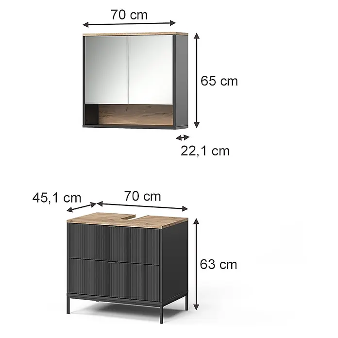 Badmöbel-Set Eliza 70 cm Schwarz Art.-Nr. 71938 -  - Dunkelgrauer Spiegelschrank (70x65x22,1 cm) und Waschtischunterschrank (70x63x45,1 cm) mit heller Holzplatte.