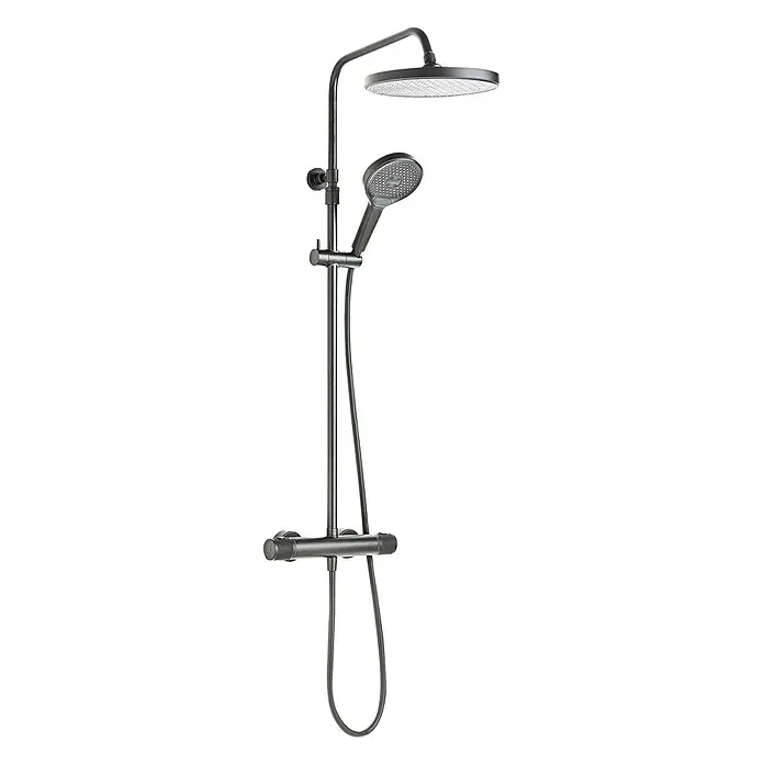 Schöner Wohnen Duschsystem mit Thermostat Glaia Wassersparend Industrial -  - Dunkelgraues Duschsystem mit runder Kopfbrause, Handbrause und Thermostatmischer.