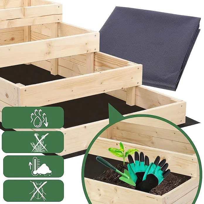 Hochbeete GardenStep Holz | HxBxT 45x117x30cm | 4 Ebenen | Holz | Braun -  - Mehrstufiges Hochbeet-Set aus Holz mit dunklem Vlies, ideal für den Gartenbau mit Unkraut-, Schädlings- und Klimaschutz. Inkl. Pflanze und Werkzeuge.