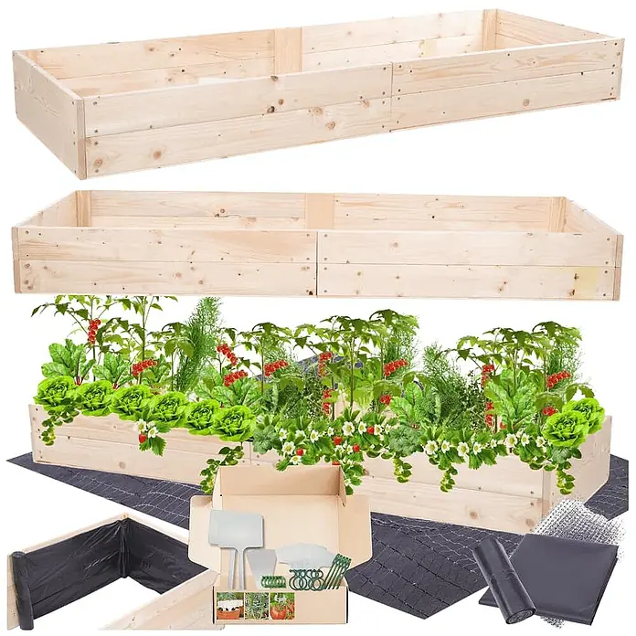 Hochbeete Growline Holz | HxBxT 18x203x80 cm | Kieferholz | Natur -  - Bausatz für ein Hochbeet aus hellem Holz mit Folie, Gitter, Werkzeugen und einem bepflanzten Beispiel mit Gemüse und Obst.