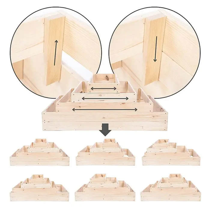Hochbeete GardenStep Holz | HxBxT 45x117x30cm | 4 Ebenen | Holz | Braun -  - Konfigurierbares Hochbeet aus hellem Naturholz, zeigt verschiedene Montagemöglichkeiten.