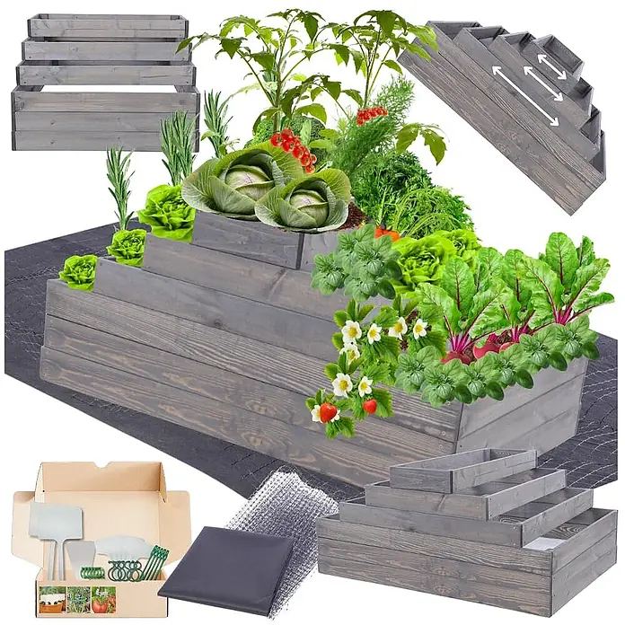 Hochbeete GardenStep Holz | HxBxT 27x90x80cm | 3 Ebenen | Holz | Grau -  - Graues Holz-Hochbeet-Set mit Gartenwerkzeugen und Gewebe, montiert mit Pflanzen und als Einzelteile gezeigt.