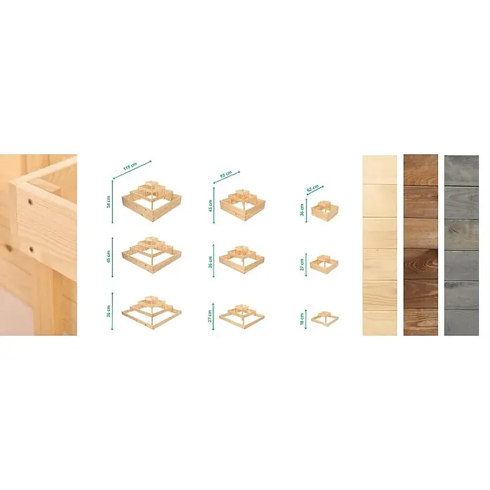 Hochbeete TREPPEN Holz | HxBxT 45x92x92 cm | Holz | Grau -  - Neun gestufte Hochbeete aus Holz in verschiedenen Größen, mit drei Holzfarbmustern: Natur, Braun und Grau.