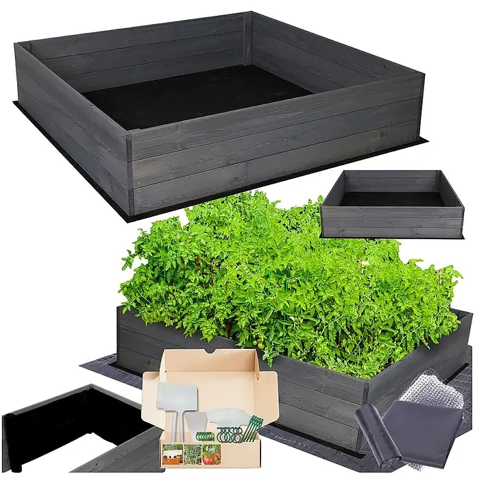 Hochbeete Growline Holz | HxBxT 27x83x80 cm | Kieferholz | Grau -  - Dunkelgraues Hochbeet aus Holz, leer, bepflanzt und mit Gartenzubehör-Set dargestellt.
