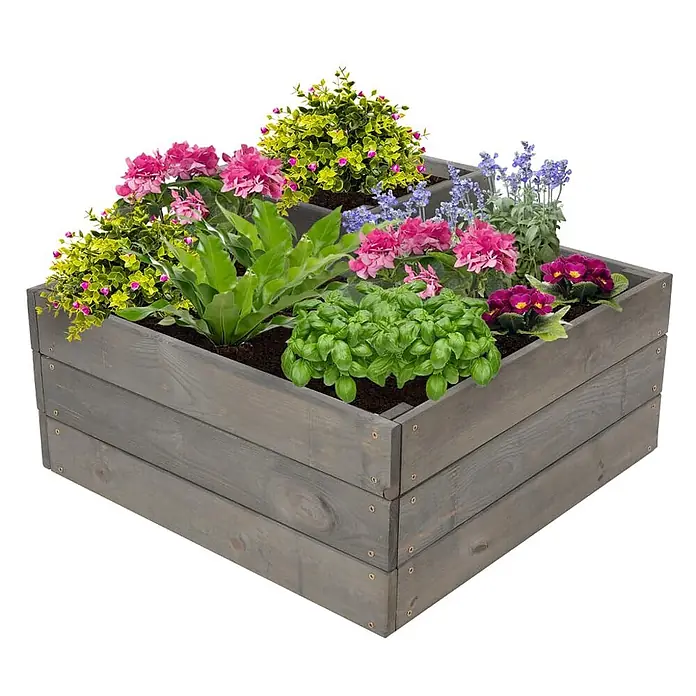 Hochbeete TREPPEN Holz | HxBxT 36x62x62 cm | Holz | Grau -  - Gestuftes Hochbeet aus grauem Holz, bepflanzt mit Blumen und Kräutern.