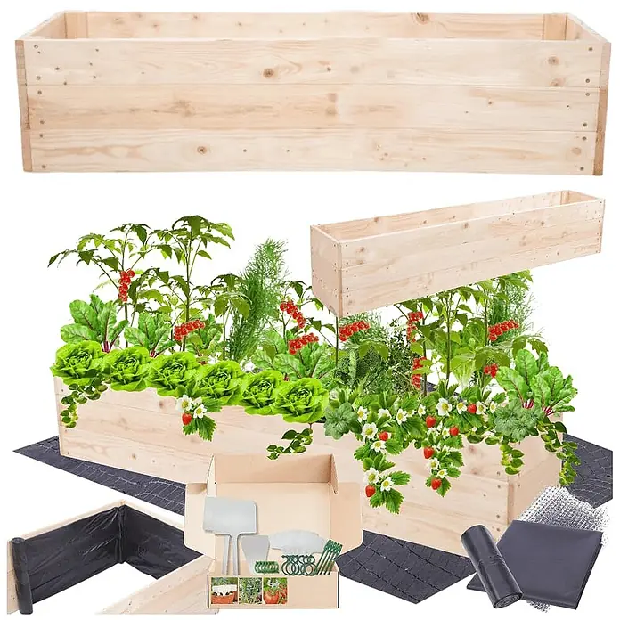 Hochbeete Growline Holz | HxBxT 27x120x30 cm | Kieferholz | Natur -  - Bausatz für Hochbeet aus hellem Holz mit zwei Pflanzkästen, Gartengeräten, Folie, Netz und Pflanzenetiketten.