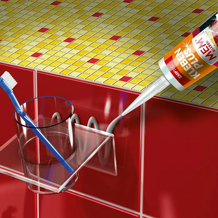MEM Montagekleber ALLGROUND 3in1 - Kristallklar, 300 g - MEM Kleben Plus Montagekleber wird für die Befestigung eines transparenten Zahnputzbecherhalters im Badezimmer verwendet.