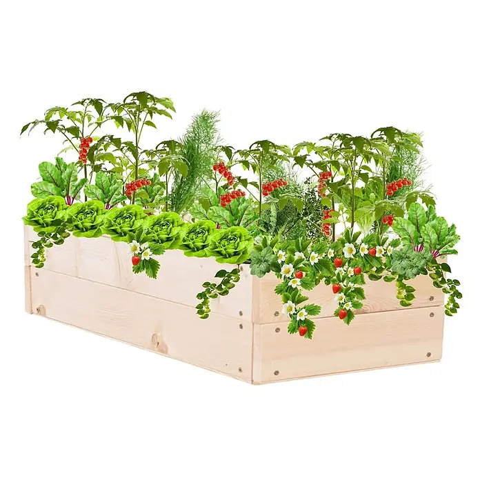 Hochbeete Growline Holz | HxBxT 18x120x30 cm | Kieferholz | Natur -  - Helles Hochbeet aus Holz, gefüllt mit einer vielfältigen Mischung essbarer Pflanzen wie Salat, Tomaten und Erdbeeren.