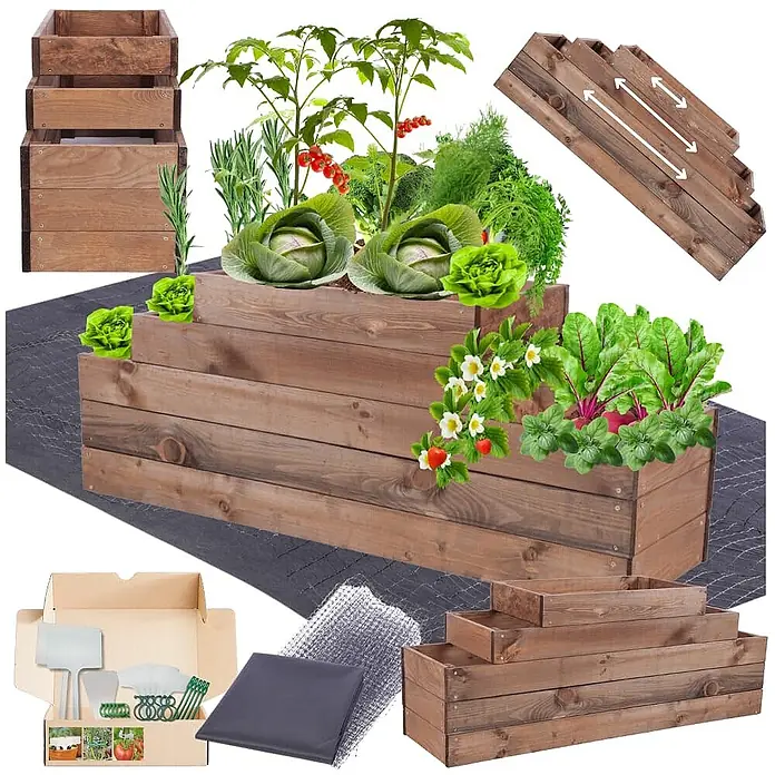 Hochbeete GardenStep Holz | HxBxT 45x117x30cm | 3 Ebenen | Holz | Braun -  - Gestuftes Hochbeet aus braunem Holz mit Pflanzen. Inklusive Gartengeräte, Folie und Netz, zeigt Aufbau und Nutzung.