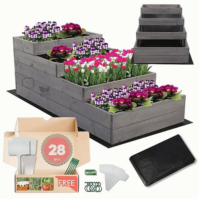 Hochbeete TREPPEN Holz | HxBxT 45x60x120 cm | Holz | Grau -  - Graues 4-stufiges Hochbeet aus Holz mit Blumen, dazu Pflanzschilder, Binder und Vlies.