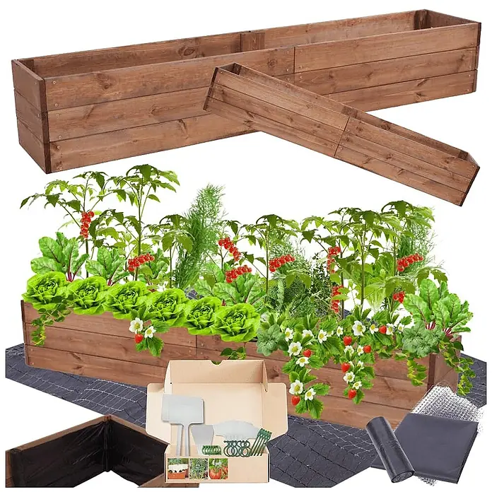 Hochbeete Growline Holz | HxBxT 27x203x30 cm | Kieferholz | Braun -  - Großes, dunkelbraunes Hochbeet aus Holz, bepflanzt gezeigt, inklusive Schutzfolie und Gartengeräten.