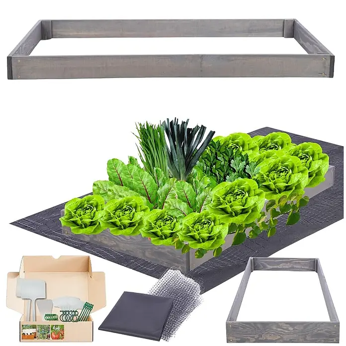 Hochbeete GardenStep Holz | HxBxT 9x60x60cm | 1 Ebene | Holz | Grau -  - Graues Hochbeet-Set aus Holz mit verschiedenen Pflanzen, Gartengeräten und Schutzfolien.