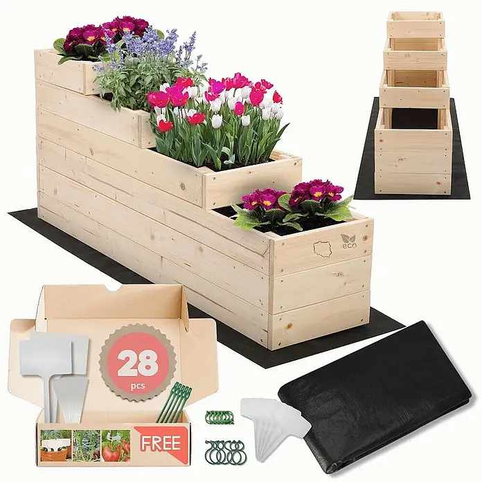Hochbeete TREPPEN Holz | HxBxT 54x30x120 cm | Holz | Natur -  - Geschichtetes Hochbeet aus hellem Holz mit Blumen, montiert und unmontiert gezeigt, mit Bodenschutzvlies und Gartenzubehör.