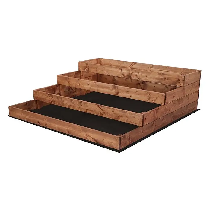 Hochbeete TREPPEN Holz | HxBxT 36x117x120 cm | Holz | Braun -  - Dreistufiges Hochbeet aus braunem Holz mit schwarzer Auskleidung, ideal für vielseitiges Pflanzen.