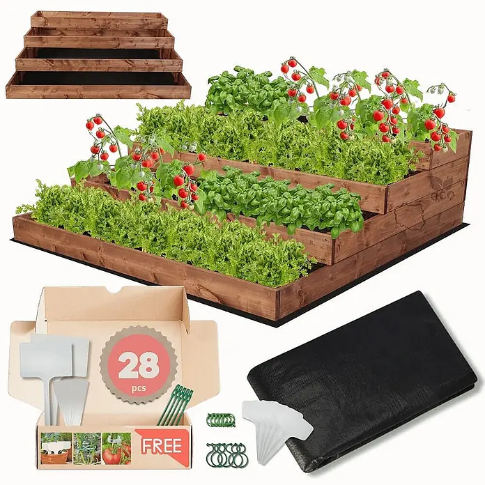 Hochbeete TREPPEN Holz | HxBxT 36x117x120 cm | Holz | Braun -  - Gestuftes, braunes Hochbeet-Set aus Holz mit Salaten, Basilikum und Tomaten. Inklusive Pflanzvlies, Pflanzenmarkern und Clips.