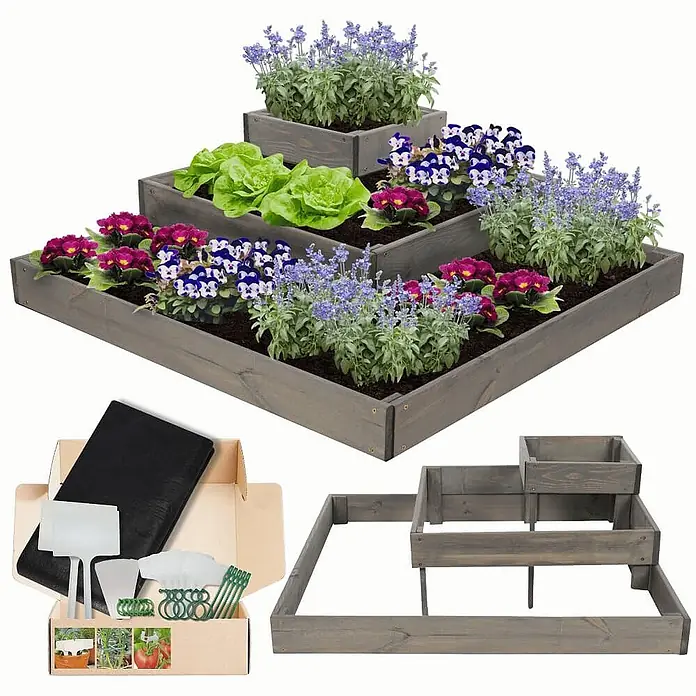 Hochbeete TREPPEN Holz | HxBxT 27x92x92 cm | Holz | Grau -  - Graues mehrstufiges Hochbeet aus Holz mit Pflanzen und Gartenwerkzeugen.