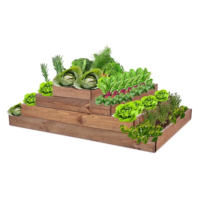 Hochbeete GardenStep Holz | HxBxT 36x117x60cm | 4 Ebenen | Holz | Braun -  - Braunes, mehrstufiges Hochbeet aus Holz, überfüllt mit frischem Gemüse und Kräutern.