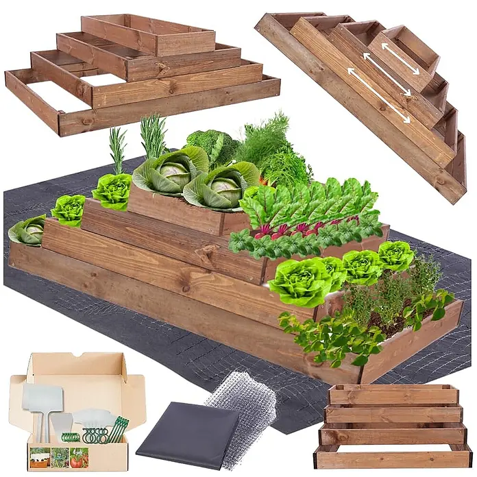 Hochbeete GardenStep Holz | HxBxT 36x117x60cm | 4 Ebenen | Holz | Braun -  - Gestuftes Hochbeet-Set aus braunem Holz mit Gartenwerkzeugen und Gitternetz.