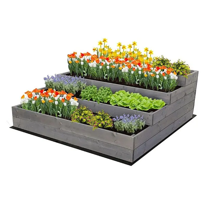 Hochbeete TREPPEN Holz | HxBxT 45x117x120 cm | Holz | Grau -  - Graues, hölzernes Hochbeet mit Stufen, bepflanzt mit Blumen und Gemüse.