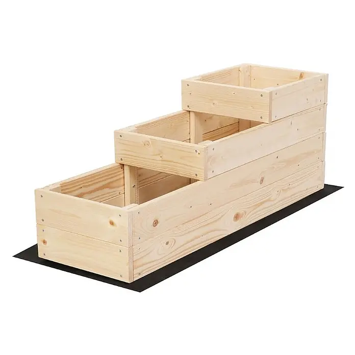 Hochbeete TREPPEN Holz | HxBxT 36x30x93 cm | Holz | Natur -  - Gestuftes Hochbeet aus hellem Kiefernholz mit drei Ebenen, auf einer schwarzen Schutzmatte.