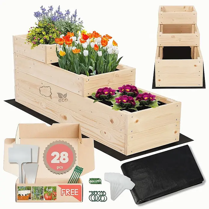 Hochbeete TREPPEN Holz | HxBxT 36x30x93 cm | Holz | Natur -  - Helles, gestuftes Hochbeet aus Holz mit drei Ebenen, bepflanzt mit bunten Blumen. Gartenzubehör wie Pflanzenstecker und Vlies sind enthalten.
