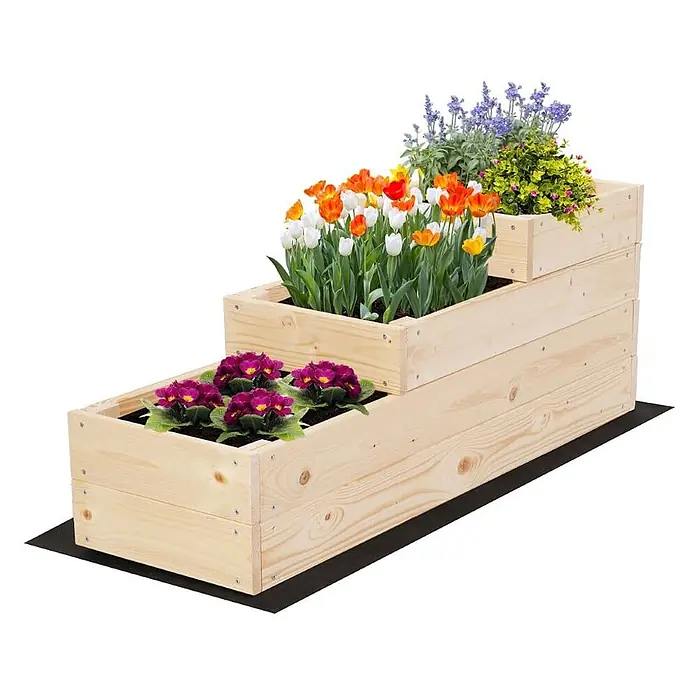 Hochbeete TREPPEN Holz | HxBxT 36x30x93 cm | Holz | Natur -  - Gestufter Holzpflanzer aus hellem Naturholz mit drei Ebenen, gefüllt mit bunten Blumen.