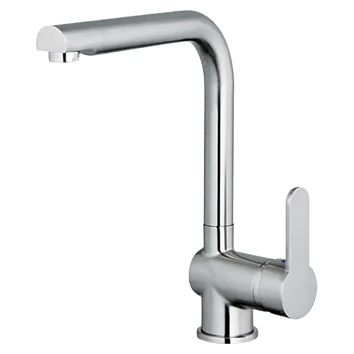 Camargue Grifo de cocina Barcelona - Acero inoxidable, Mate - Imagen de un grifo de cocina cromado brillante con caño alto y mezclador monomando, sobre un fondo blanco neutro.