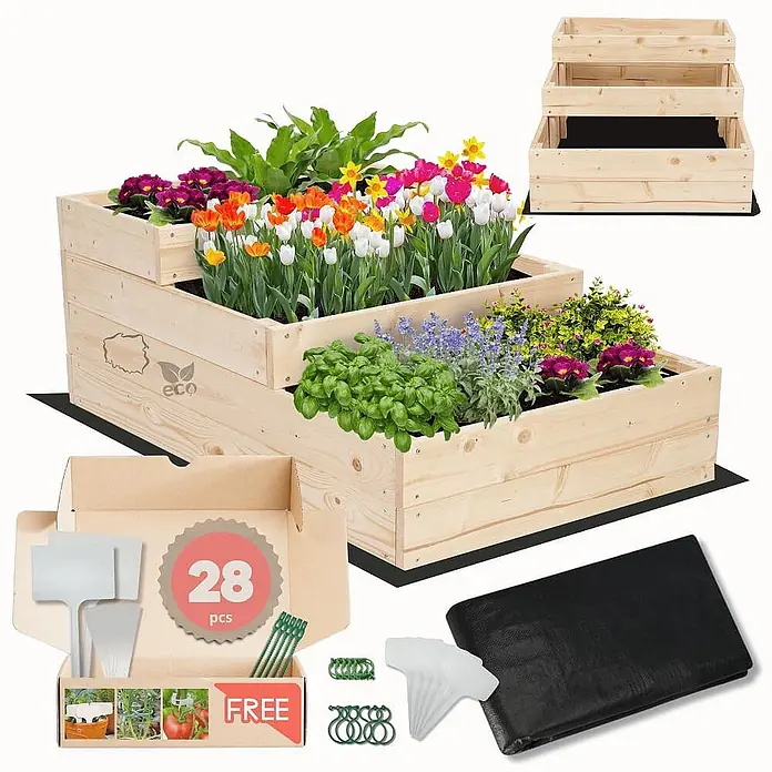 Hochbeete TREPPEN Holz | HxBxT 36x60x93 cm | Holz | Natur -  - Dreistufiges Hochbeet aus Holz mit Pflanzen und Blumen, dazu eine schwarze Folie, Pflanzenstecker und Bindedraht.