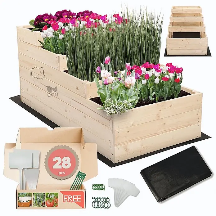 Hochbeete TREPPEN Holz | HxBxT 54x60x120 cm | Holz | Natur -  - Gestuftes Hochbeet aus Holz mit Blumen und Kunstrasen, zusammen mit einer Folie und 28-teiligem Gartenzubehörset.