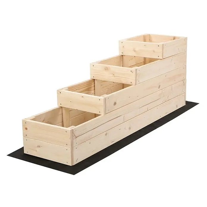 Hochbeete TREPPEN Holz | HxBxT 45x30x120 cm | Holz | Natur -  - Gestuftes Hochbeet aus hellem Holz mit drei Ebenen, auf einer schwarzen Matte.