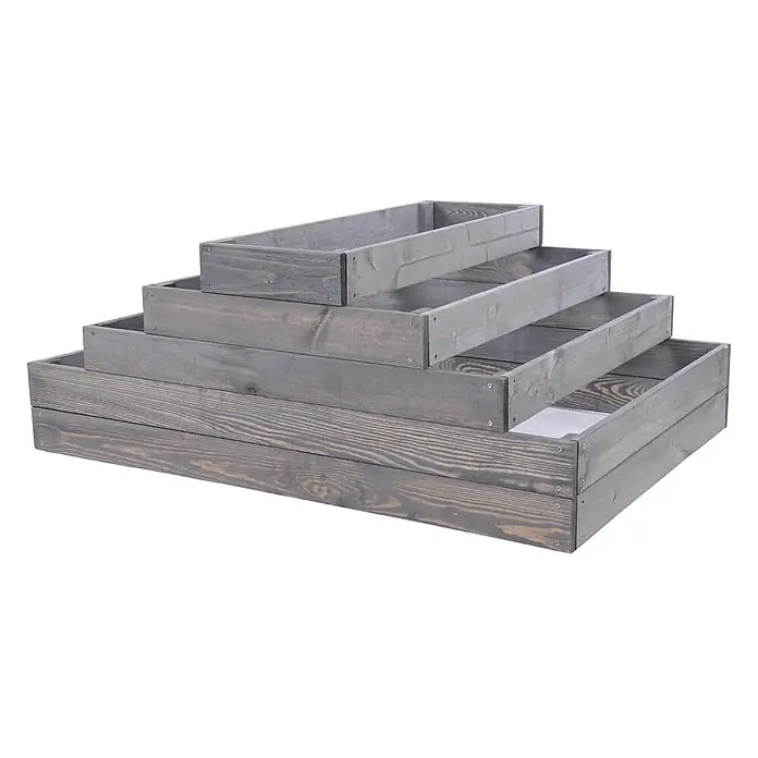 Hochbeete GardenStep Holz | HxBxT 45x117x90cm | 4 Ebenen | Holz | Grau -  - Set gestapelter grauer Holz-Pflanzkästen für gestufte Präsentation.