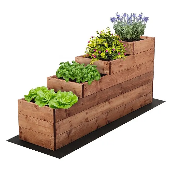 Hochbeete TREPPEN Holz | HxBxT 54x30x120 cm | Holz | Braun -  - Gestufter Pflanzkasten aus Holz mit vier Ebenen, bepflanzt mit grünem Salat, Basilikum, gelben und lila Blumen.