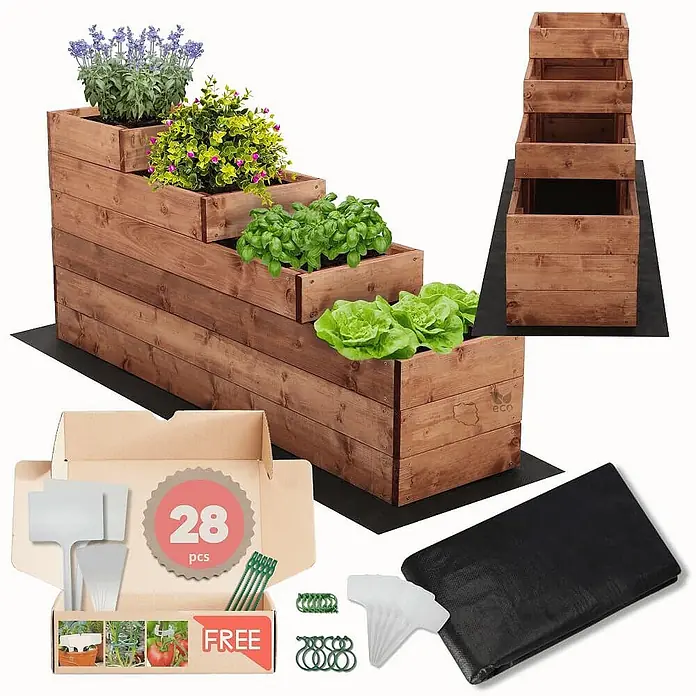 Hochbeete TREPPEN Holz | HxBxT 54x30x120 cm | Holz | Braun -  - Braunes Holz-Hochbeet mit Stufen, inklusive Pflanzenschilder und Bodenvlies.