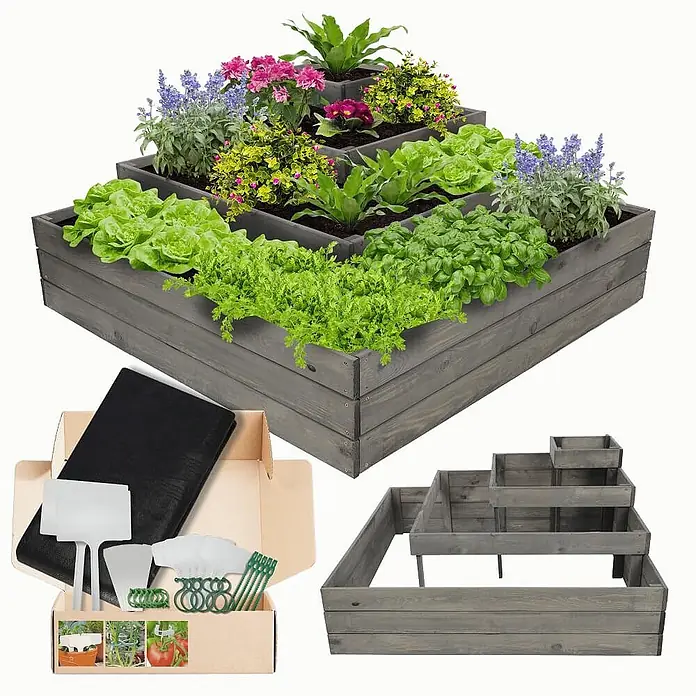 Hochbeete TREPPEN Holz | HxBxT 54x119x119 cm | Holz | Grau -  - Gestuftes Hochbeet aus grauem Holz für Pflanzen, gezeigt mit Pflanzen und Gartenzubehör.
