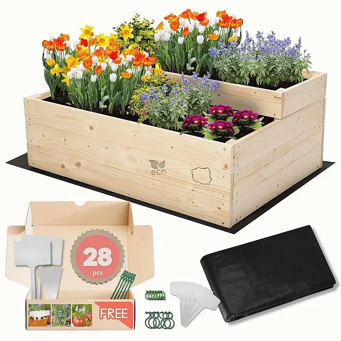 Hochbeete TREPPEN Holz | HxBxT 36x90x63 cm | Holz | Natur -  - Gestuftes Hochbeet aus Holz mit bunten Blumen und mitgeliefertem Gartenzubehör.