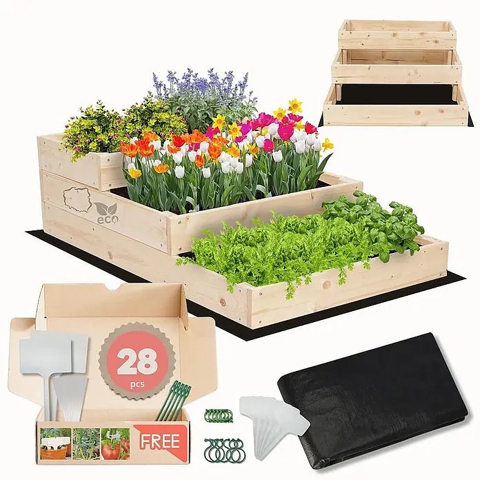 Hochbeete TREPPEN Holz | HxBxT 27x60x93 cm | Holz | Natur -  - Gestuftes Hochbeet-Set aus Holz mit drei Ebenen, bepflanzt mit Blumen und Kräutern, inklusive Pflanzenstecker, Klammern und Folie.